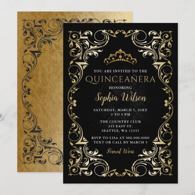 Vintage Black Gold Princess Tiara Quinceañera   Invitation (Front/Back)