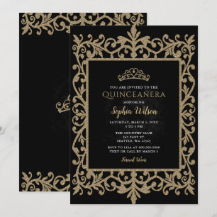 Vintage Black Gold Princess Tiara Quinceañera  Invitation