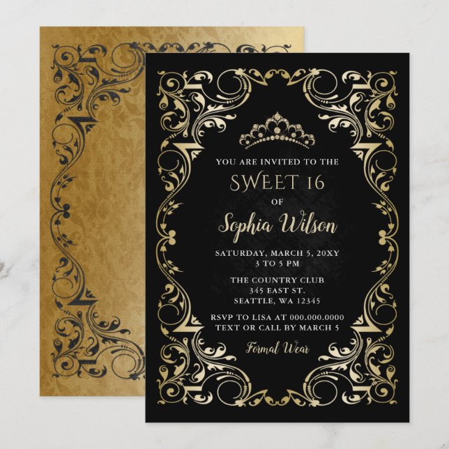 Vintage Black Gold Princess Tiara Sweet 16   Invitation (Front/Back)