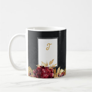 Vintage Black Gold Watercolor Deep Floral Initial Coffee Mug