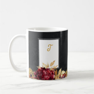 Vintage Black Gold Watercolor Deep Floral Initial Coffee Mug