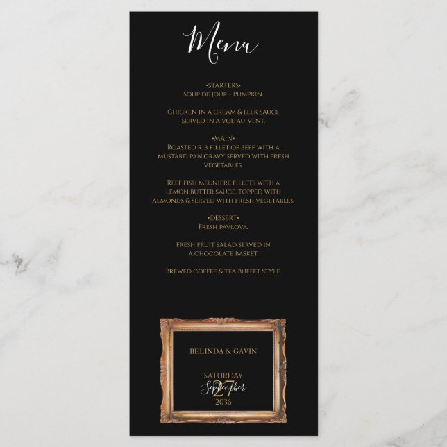 Vintage Black & Gold Wedding Menu (Front)