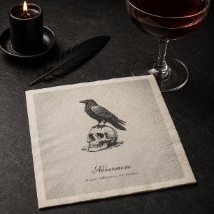 Vintage Black Gothic Raven Skull Halloween Napkin