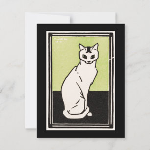 Vintage Black Green White Sitting Cat Illustration Card