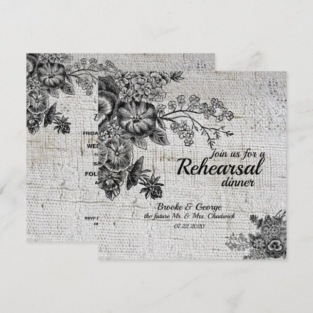 Vintage Black/Grey Flowers Rehearsal Dinner Card (Front/Back)