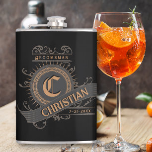 Vintage Black/Grey/Gold with Initial Groomsman Hip Flask