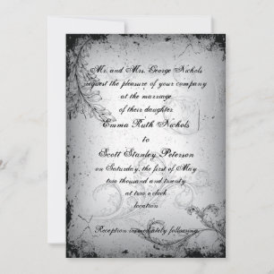 Vintage black grey scroll leaf wedding invitation
