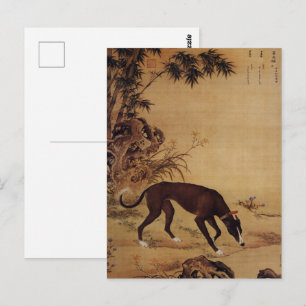Vintage Black Greyhound & Pink Blossoms Postcard