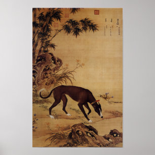 Vintage Black Greyhound & Pink Blossoms Poster