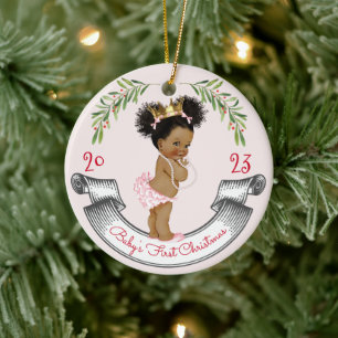 Vintage Black Hair Baby's First Christmas Pink Red Ceramic Tree Decoration
