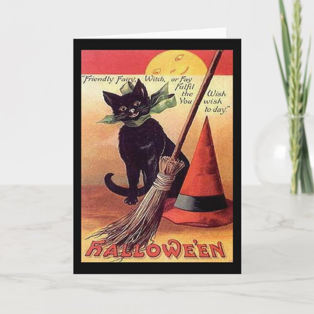 Vintage Black Halloween Cat Card (Front)