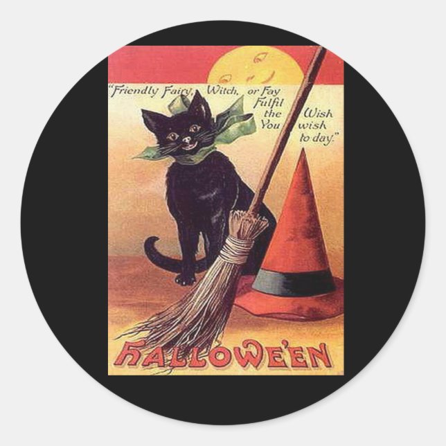 Vintage Black Halloween Cat Classic Round Sticker (Front)