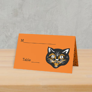 Vintage Black Halloween Cat Happy Cat Face Stars Place Card
