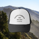 Vintage Black Happy Camper Camping Crest  Trucker Hat<br><div class="desc">Happy Camper, camping crest, personalised vintage black trucker hat. Personalise with the year of your camp trip and location. Perfect for adventurous friends or family as they embark on their happy campers trip or reunion camping weekend. Order matching hats for the whole camp crew. Designed to match our Happy Camper...</div>