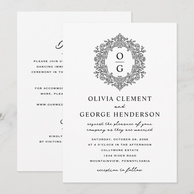 Vintage Black Heirloom Crest Wedding Invitation (Front/Back)
