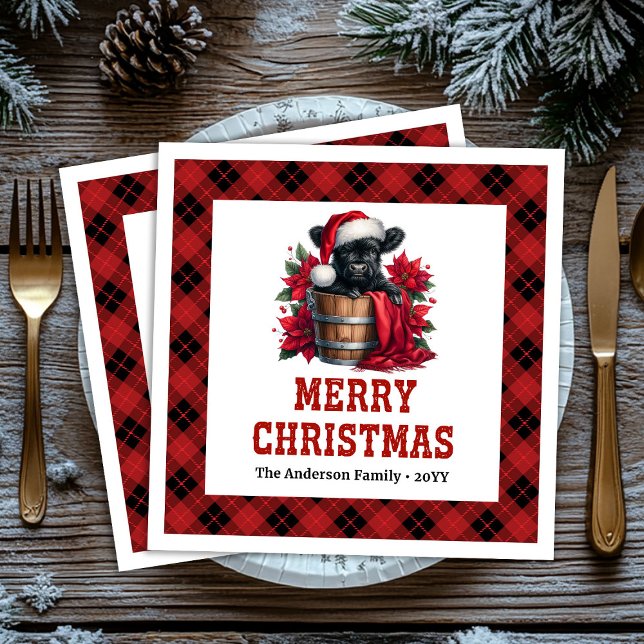 Vintage black highland cow buffalo plaid napkin (Vintage black highland cow buffalo plaid Paper Dinner Napkins)