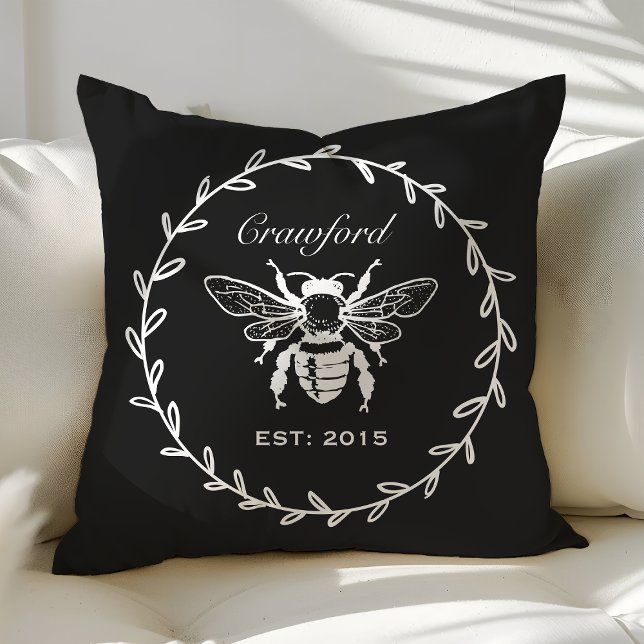 Vintage Black Honey Bee Laurel Honeycomb Monogram Cushion (Creator Uploaded)
