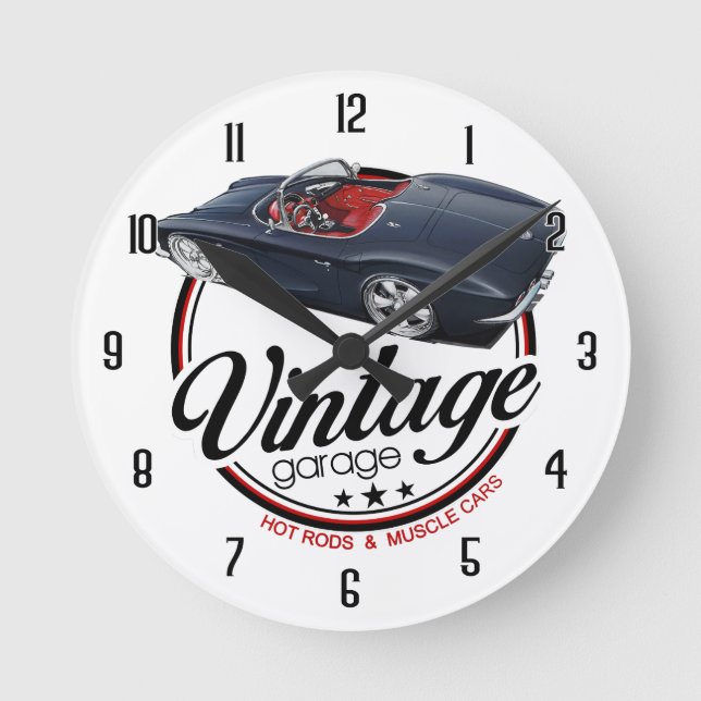 Vintage Black Hot Rod Round Clock (Front)