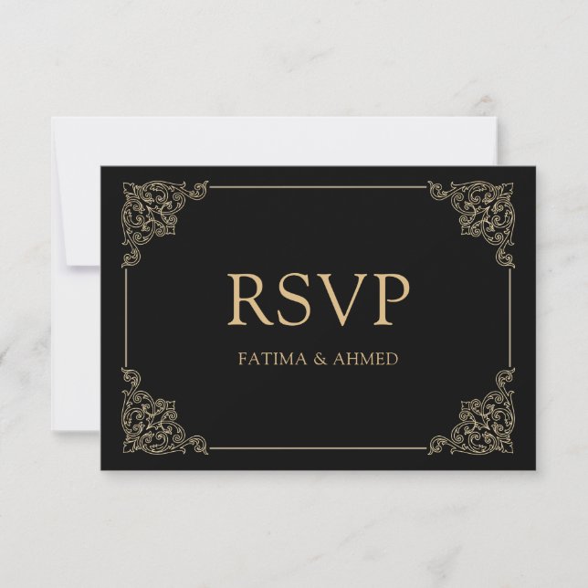 Vintage Black Islamic Muslim Wedding RSVP Card (Front)