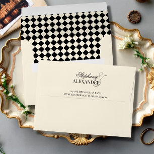 Vintage Black Ivory Checkered Old Money Wedding Envelope