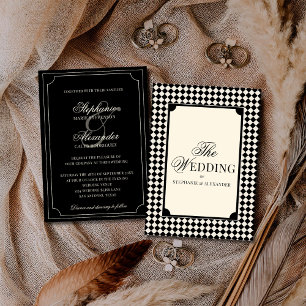 Vintage Black Ivory Checkered Old Money Wedding Invitation