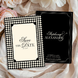 Vintage Black & Ivory Chequered Old Money Wedding Save The Date