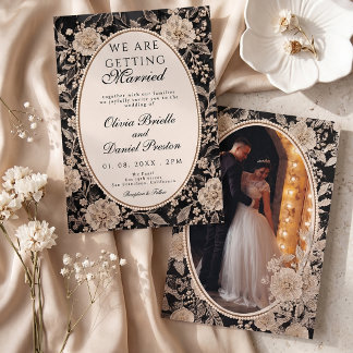 Vintage Black Ivory Lace Pearl Oval Photo Wedding Invitation