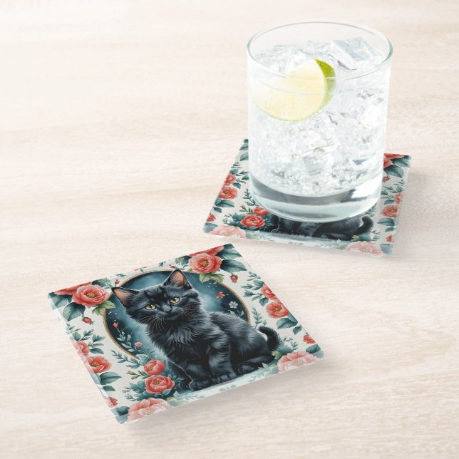 Vintage Black kitten and Peony Glass Coaster (Angled)
