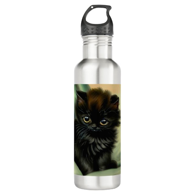 Vintage Black Kitten Illustration 710 Ml Water Bottle (Front)