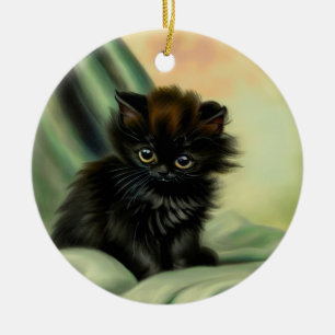 Vintage Black Kitten Illustration Ceramic Tree Decoration