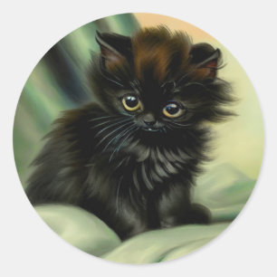 Vintage Black Kitten Illustration Classic Round Sticker