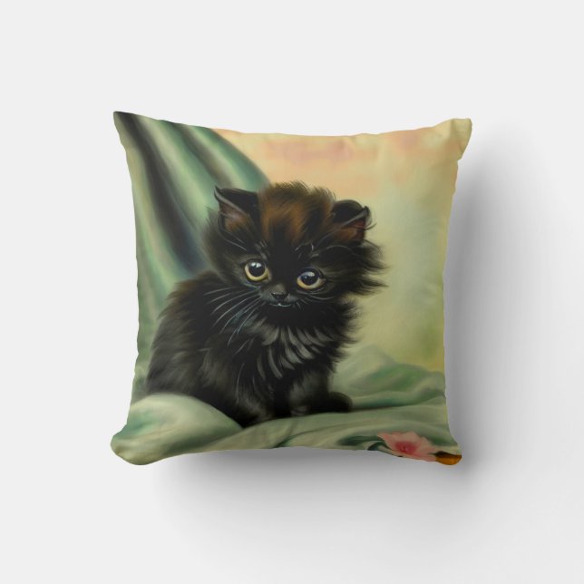 Vintage Black Kitten Illustration Cushion (Front)