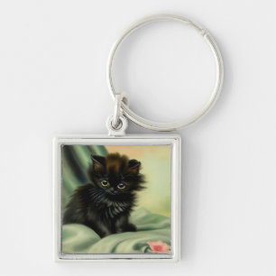 Vintage Black Kitten Illustration Key Ring