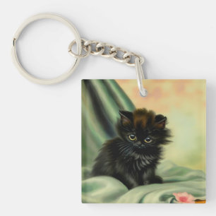 Vintage Black Kitten Illustration Key Ring