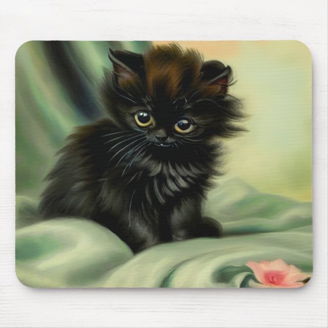Vintage Black Kitten Illustration Mouse Mat (Front)