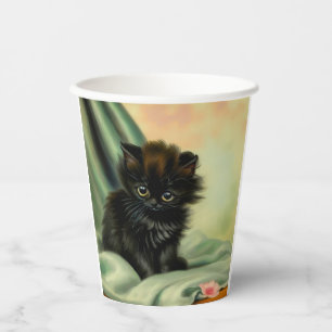 Vintage Black Kitten Illustration Paper Cups