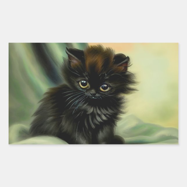 Vintage Black Kitten Illustration Rectangular Sticker (Front)