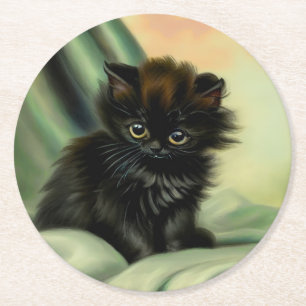 Vintage Black Kitten Illustration Round Paper Coaster