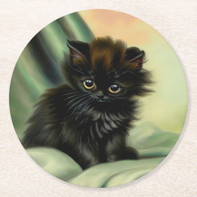 Vintage Black Kitten Illustration Round Paper Coaster (Front)