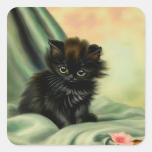 Vintage Black Kitten Illustration Square Sticker