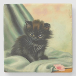 Vintage Black Kitten Illustration Stone Coaster