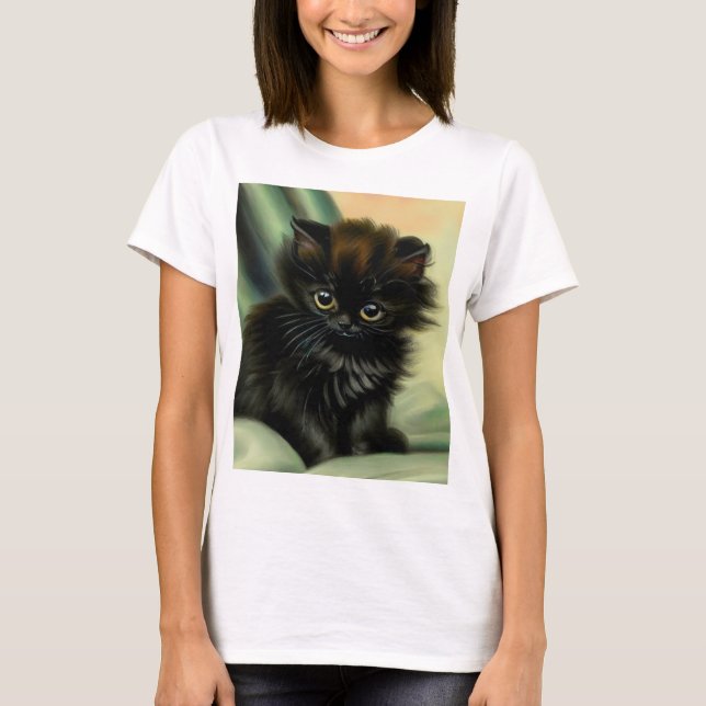 Vintage Black Kitten Illustration T-Shirt (Front)