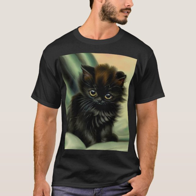 Vintage Black Kitten Illustration T-Shirt (Front)