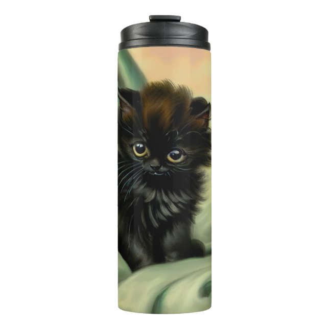 Vintage Black Kitten Illustration Thermal Tumbler (Front)