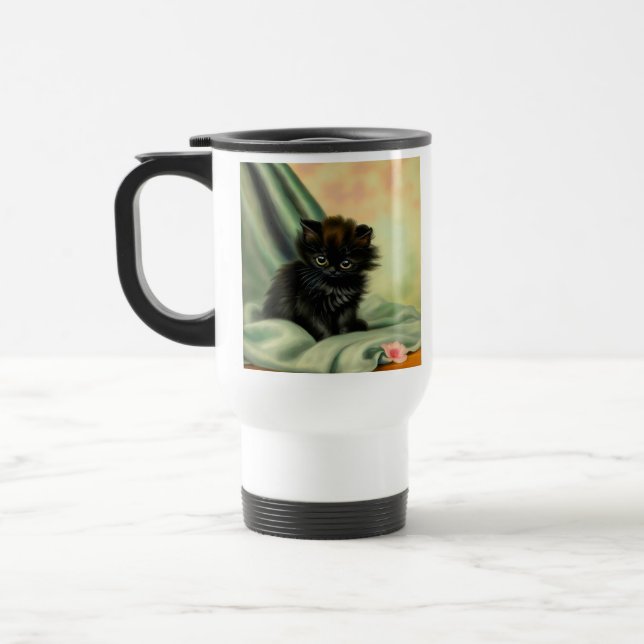 Vintage Black Kitten Illustration Travel Mug (Left)