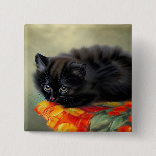 Vintage Black Kitten with Red Flower Blanket 15 Cm Square Badge