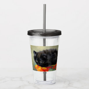 Vintage Black Kitten with Red Flower Blanket Acrylic Tumbler