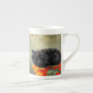 Vintage Black Kitten with Red Flower Blanket Bone China Mug