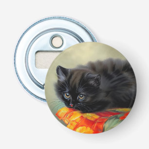Vintage Black Kitten with Red Flower Blanket Bottle Opener