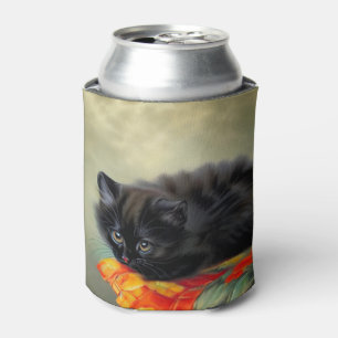 Vintage Black Kitten with Red Flower Blanket Can Cooler